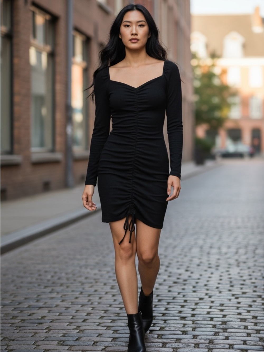 PrettylittleThing Black Ribbed long Sleeve Ruched Dress Size 18US 22UK